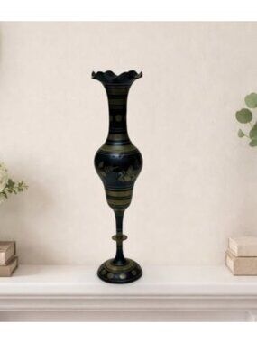 Handmade Black & Gold Floral Brass Vase With Flared Rim & Pedestal Base - Made I